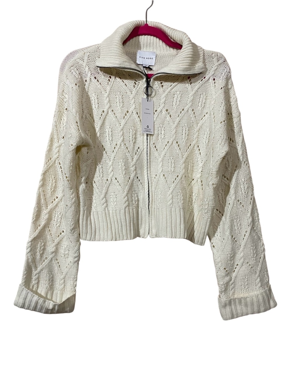 Pink Rose Blizzard White Large Cable Knit Zip-Up Sweater NWT Neutral Minimalist